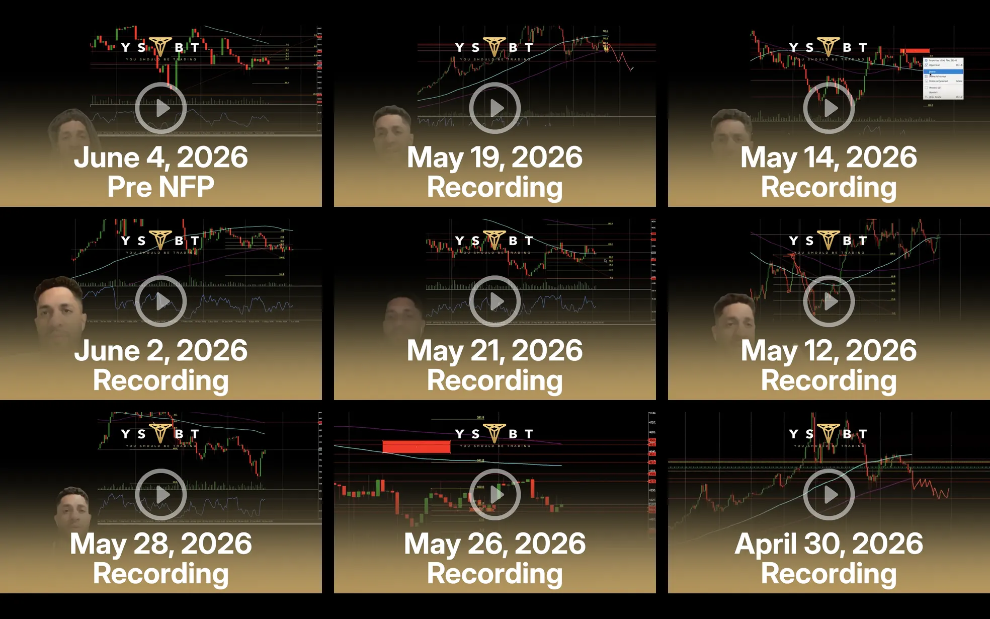 Grid of nine recent live session recordings from the education library
