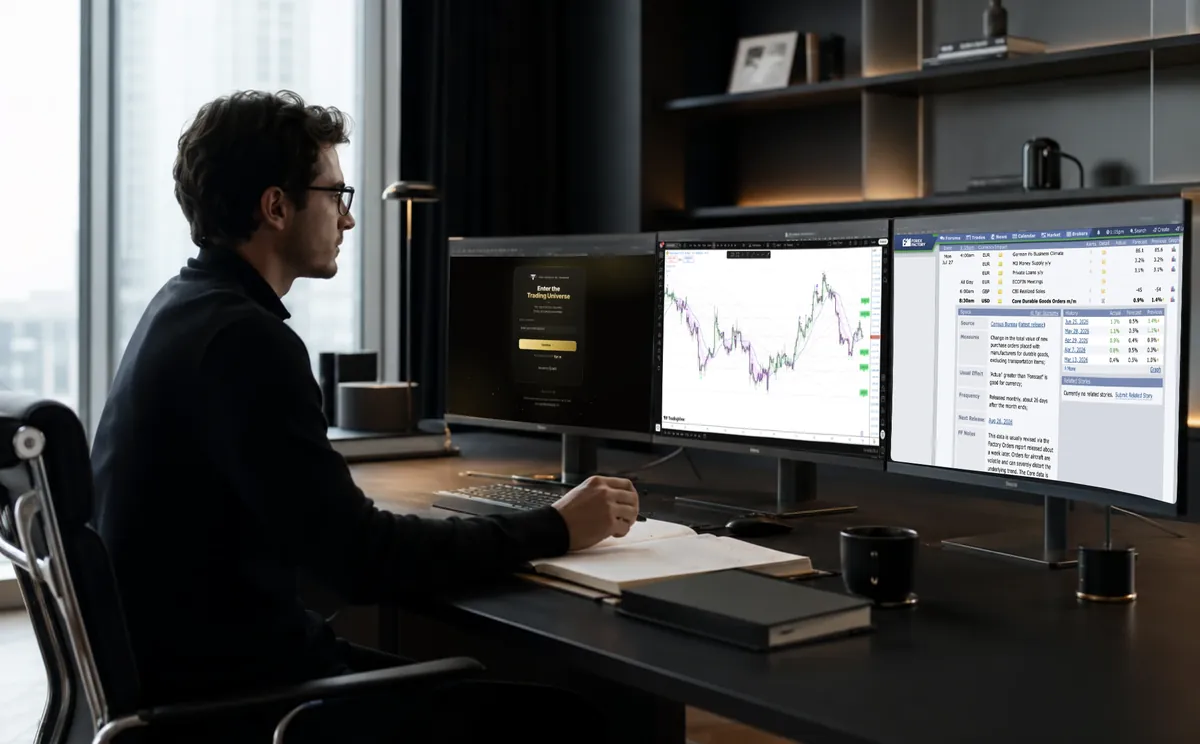 A trader analysing live markets at a multi-monitor desk