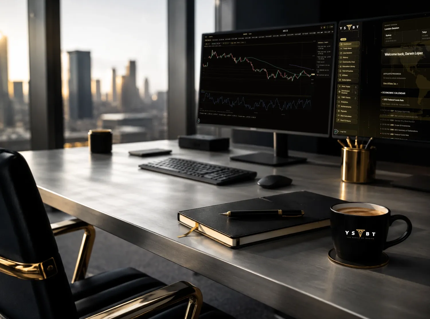A trading desk with charts and the YSBT member portal on screen, notes to hand