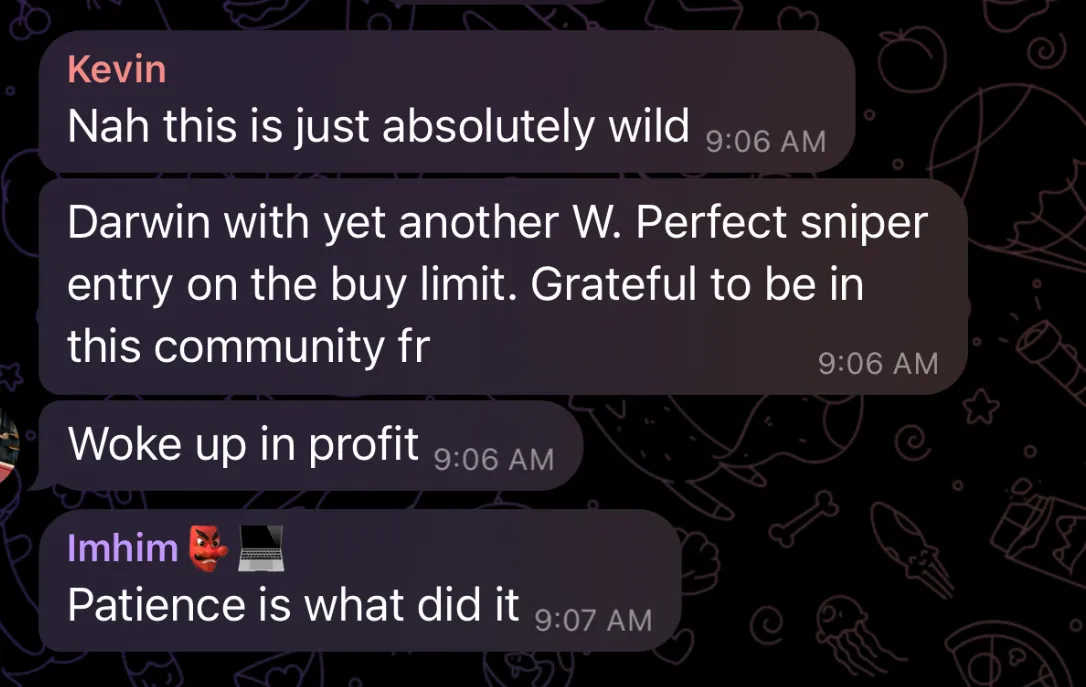 Member testimonial: Darwin with yet another W, perfect sniper entry on the buy limit. Grateful to be in this community.